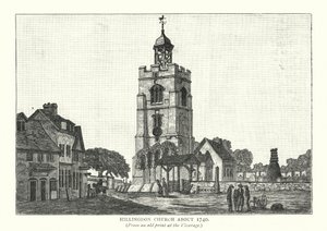 Hillingdon Kirke omkring 1740 (kobberstik) af English School