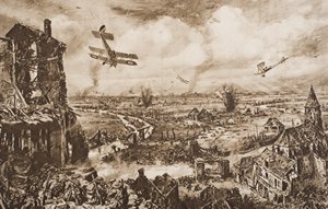 Holder et tysk angreb op, Armentieres, Belgien, illustration fra 