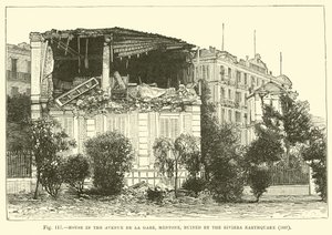 House in the Avenue de la Gare, Mentone, ruined by the Riviera Earthquake, 1887  af English School
