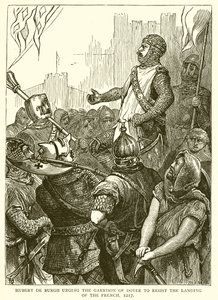 Hubert de Burgh opfordrer garnisonen i Dover til at modstå franskmændenes landgang, 1217 af English School