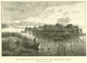 Ideal view of a lake village in the Laibach Basin, Carniola  af English School