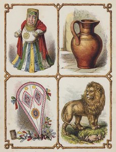 Idol, kande, drage, løve (farvelitografi) af English School