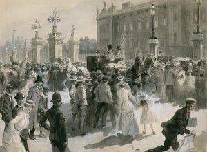 Sygdom af kong Edward VII, lægerne forlader paladset, juni 1902 (wc på papir) af English School