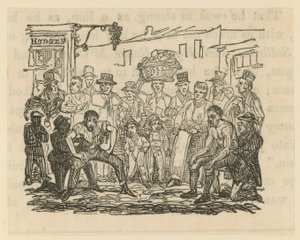 Illustration, der viser en flok mennesker, der ser en boksekamp af English School