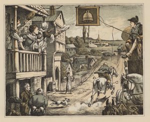 Illustration til The Diverting History of John Gilpin af William Cowper (farve litho) af English School
