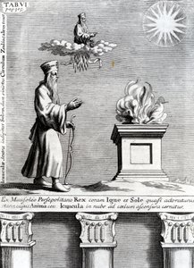 Illustration af Zoroaster, der tilbeder ild og solen, 1697 af English School