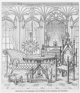 Illustration af den ekstravagante stil af moderne gotiske møbler og udsmykning, fra True Principles of Pointed of Christian Architecture, af Augustus Welby Pugin (1812-52) af English School