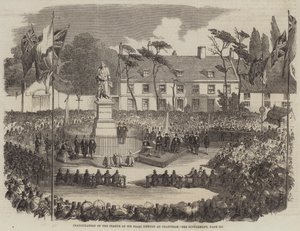 Indvielse af statuen af Sir Isaac Newton i Grantham (gravering) af English School