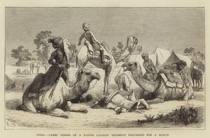 Indien, kamelryttere af et indfødt kavaleriregiment forbereder sig på en marts (gravering) af English School