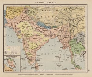 Indien, politisk kort (farvelitografi) af English School