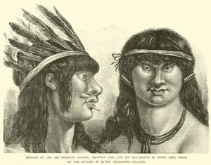 Indianere fra Rio Oermejo (Brasilien), der viser øre- og læbepynt i træ, som dem fra Hydahs på Queen Charlotte Islands af English School