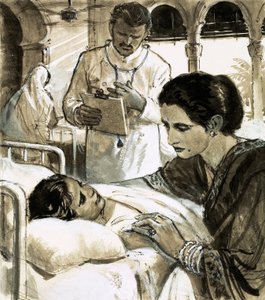 Indira Gandhi våger over et barn på hospitalet af English School