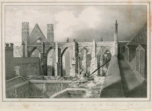 Indvendigt billede af Houses of Lords and Commons dagen efter brandene taget fra toppen af Westminster Hall af English School