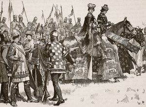 Interview mellem Becket og King Henry, illustration fra Cassells Illustrated History of England (sepia foto) af English School