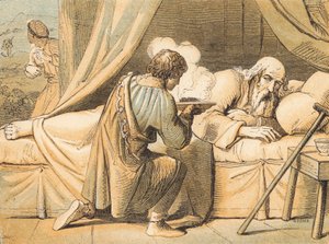 Jakob bedrager sin far Isak (farvet indgravering) af English School