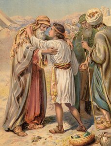 Jakob skilles fra Benjamin, Genesis, XLIII (farve litho) af English School