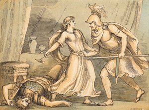 Jael og Sisera (farvet gravering) af English School