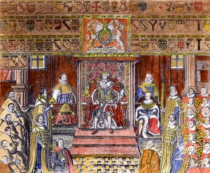 James I af England (1566-1625) ved Court, (gravering) (senere farvelægning) af English School