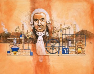 James Watt med ovne og mekaniske pumper i baggrunden af English School