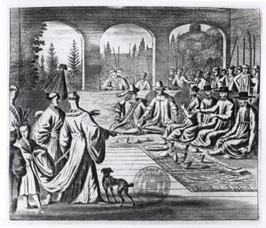 Jesuitter med hollandske og portugisiske købmænd ved den japanske kejsers hof, illustration fra En mindeværdig ambassade til kejseren af Japan af Arnold Montanus, udgivet i London 1670 af English School