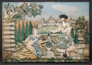 Jesus viser sig for Maria Magdalene (silke, papir, garn, pailletter, metallisk pynt, blæk og akvarel på træ) af English School