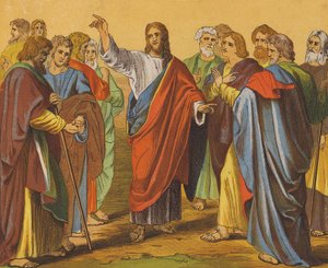 Jesus Kristus sender de tolv apostle ud (farvelitografi) af English School