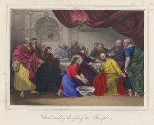Jesus Kristus vasker sine disciples fødder (koloreret gravering) af English School