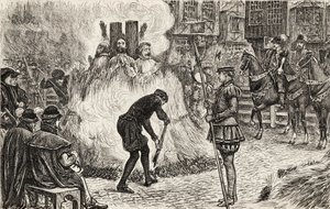 John Bland, John Frankesh, Nicholas Sheterden og Humphrey Middleton brændt levende for kætteri i det 16. århundrede, ca. 1865 (træstik) af English School