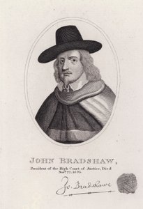 John Bradshaw, engelsk dommer, der var præsident for High Court of Justice for retssagen mod kong Charles I i 1649 (gravering) af English School
