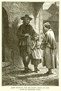 John Bunyan og hans blinde barn ved Gate of Bedford Gaol af English School