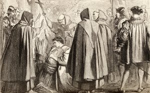 John Frith ved at blive brændt på bålet for kætteri i 1533, ca. 1865 (træstik) af English School