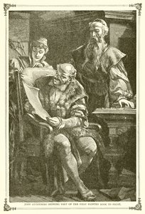 John Gutenberg viser en del af den første trykte bog til Faust af English School
