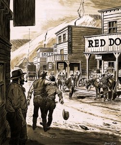 John Sutter opdagede guld i Sacramento Valley og begyndte det store guldfeber i Californien i 1847 (gouache på papir) af English School