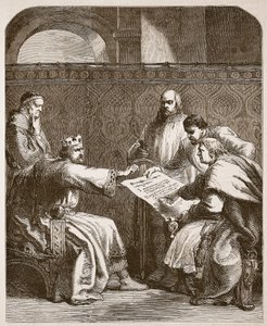 John nægter at underskrive baronernes artikler, illustration fra Cassells Illustrated History of England (sepia foto) af English School