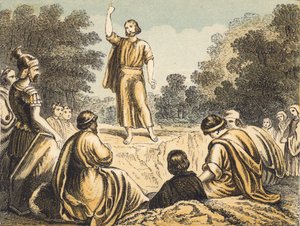 Johannes Døberen prædiker (farvet indgravering) af English School