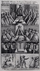 Kong Charles II (1630-85) med parlamentets huse, 1660 af English School