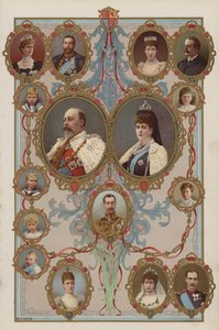 Kong Edward VII, dronning Alexandra og deres børn og børnebørn (farve litho) af English School