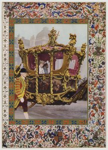 Kong George V og Queen Mary kører i statsvognen (farve litho) af English School