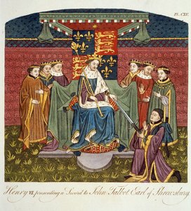 Kong Henry VI (1421-71) præsenterer et sværd til John Talbot (ca. 1388-1453) Earl of Shrewsbury, illustration fra The Complete View of the Dress and Habits of the People of England, bind II, udgivet 17. af English School