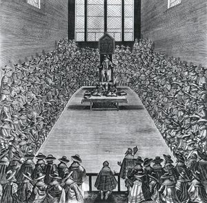 King James I (1566-1625) i Houses of Parliament, 1624 af English School