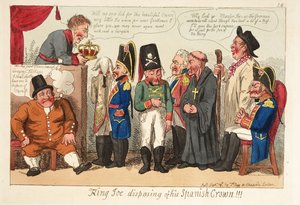 Kong Joe afhænder sin spanske krone!!! Pub. 1808 (håndfarvet gravering) af English School