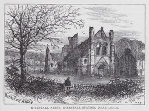 Kirkstall Abbey, Kirkstall Station, nær Leeds (gravering) af English School