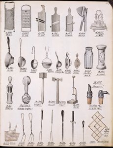 Køkkenredskaber, fra et handelskatalog over husholdningsartikler og tilbehør, ca. 1890-1910 af English School