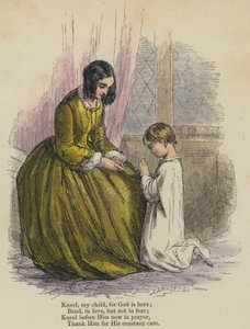 Knæl mit barn, for Gud er her; Bøj dig, i kærlighed, men ikke i frygt; Knæl ned foran ham nu i bøn, tak ham for hans konstante omsorg (farvet indgravering) af English School