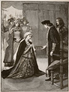 Lady Catherine Gordon før Henry VII, illustration fra Cassells Illustrated History of England (sepia foto) af English School