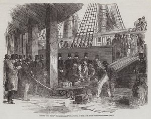 Lander guld fra "Det australske" dampskib, i East India Docks (gravering) af English School