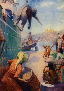 Landing af elefanter i Burma (farvelitografi) af English School