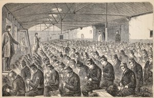 Stort Oakum-værelse (under det tavse system) i Middlesex House of Correction, Coldbath Fields, illustration fra The Criminal Prisons of London og scener fra Prison Life af Henry Mayhew og John af English School