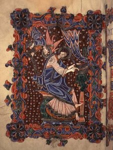 Lat 14782 f.16v St. Matthæus skriver sit evangelium, c.1080 (vellum) af English School