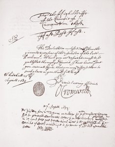 Brev fra Oliver Cromwell, april 1653 af English School